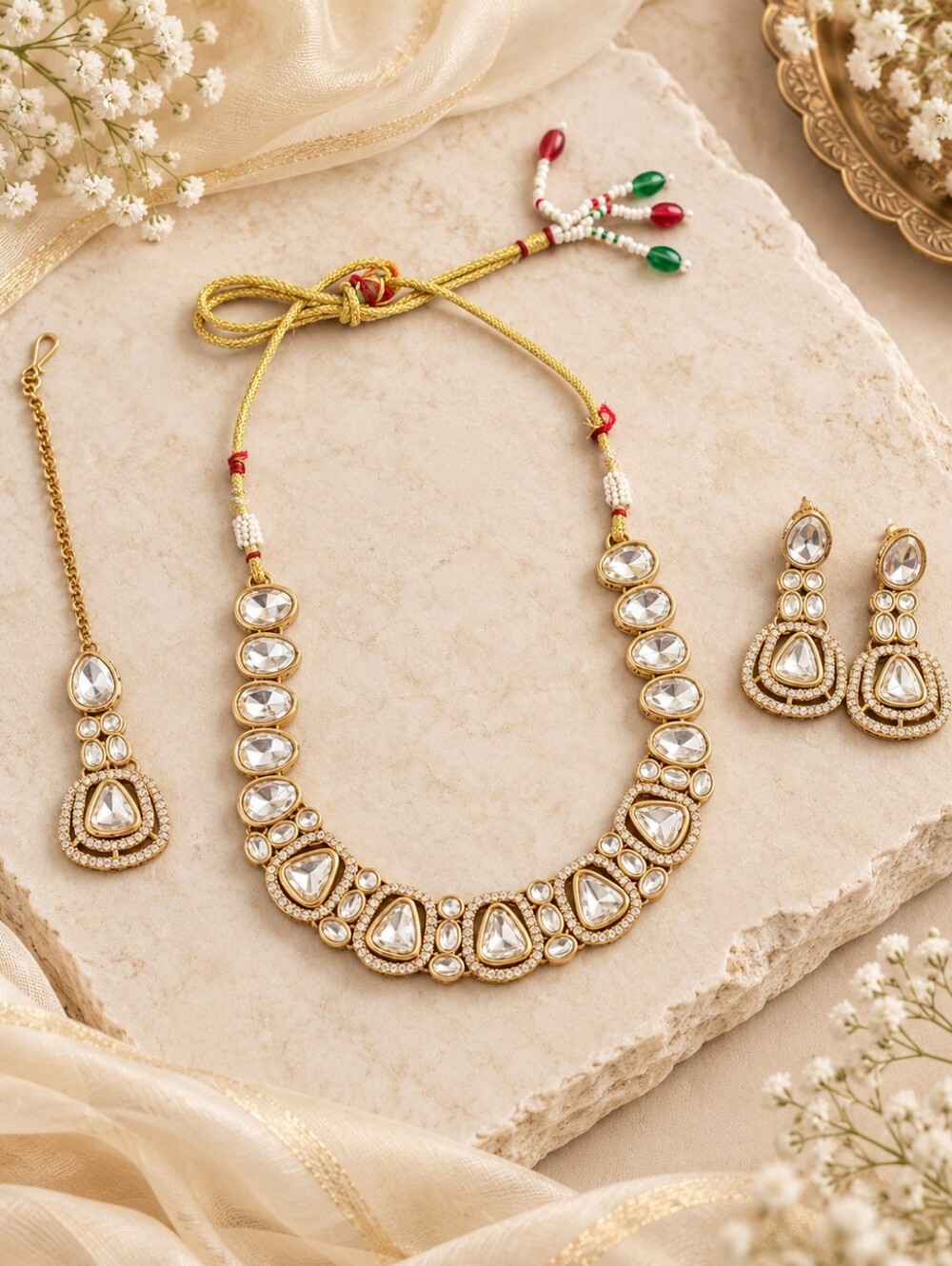 Polki Style Necklace Set with Earrings & Maang Tikka | Indian Festive Jewelry